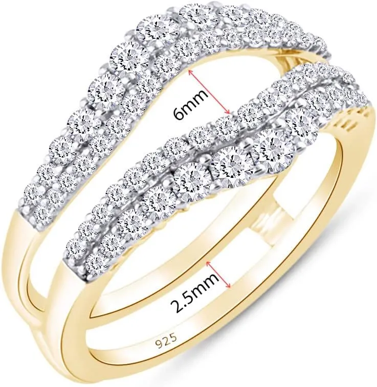 AFFY 1 Ct. Round Double Row Pave Set Curved Enhancer Guard Bridal Wedding Engagement Ring In 14K Gold Over Sterling Silver With Cubic Zirconia, Gift For Her