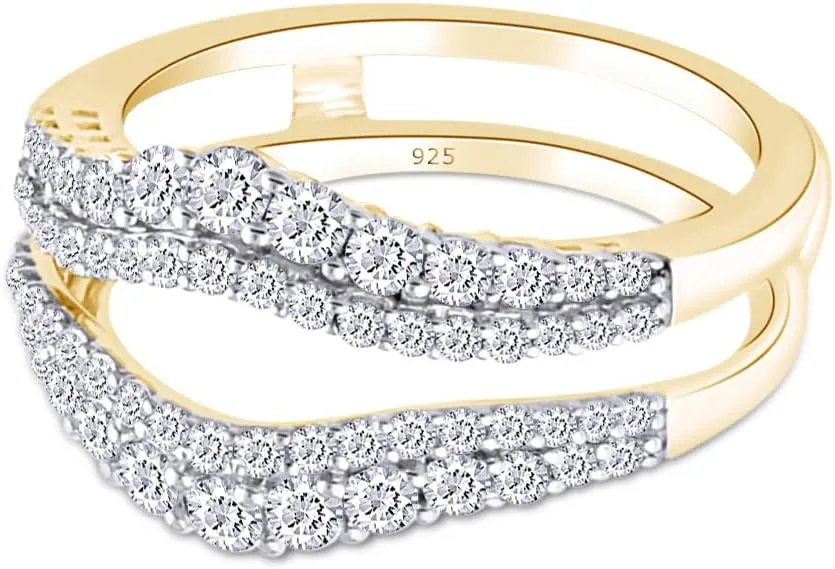 AFFY 1 Ct. Round Double Row Pave Set Curved Enhancer Guard Bridal Wedding Engagement Ring In 14K Gold Over Sterling Silver With Cubic Zirconia, Gift For Her