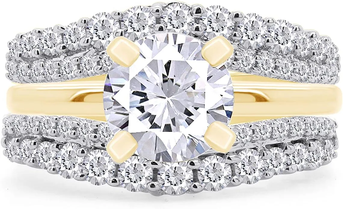 AFFY 1 Ct. Round Double Row Pave Set Curved Enhancer Guard Bridal Wedding Engagement Ring In 14K Gold Over Sterling Silver With Cubic Zirconia, Gift For Her