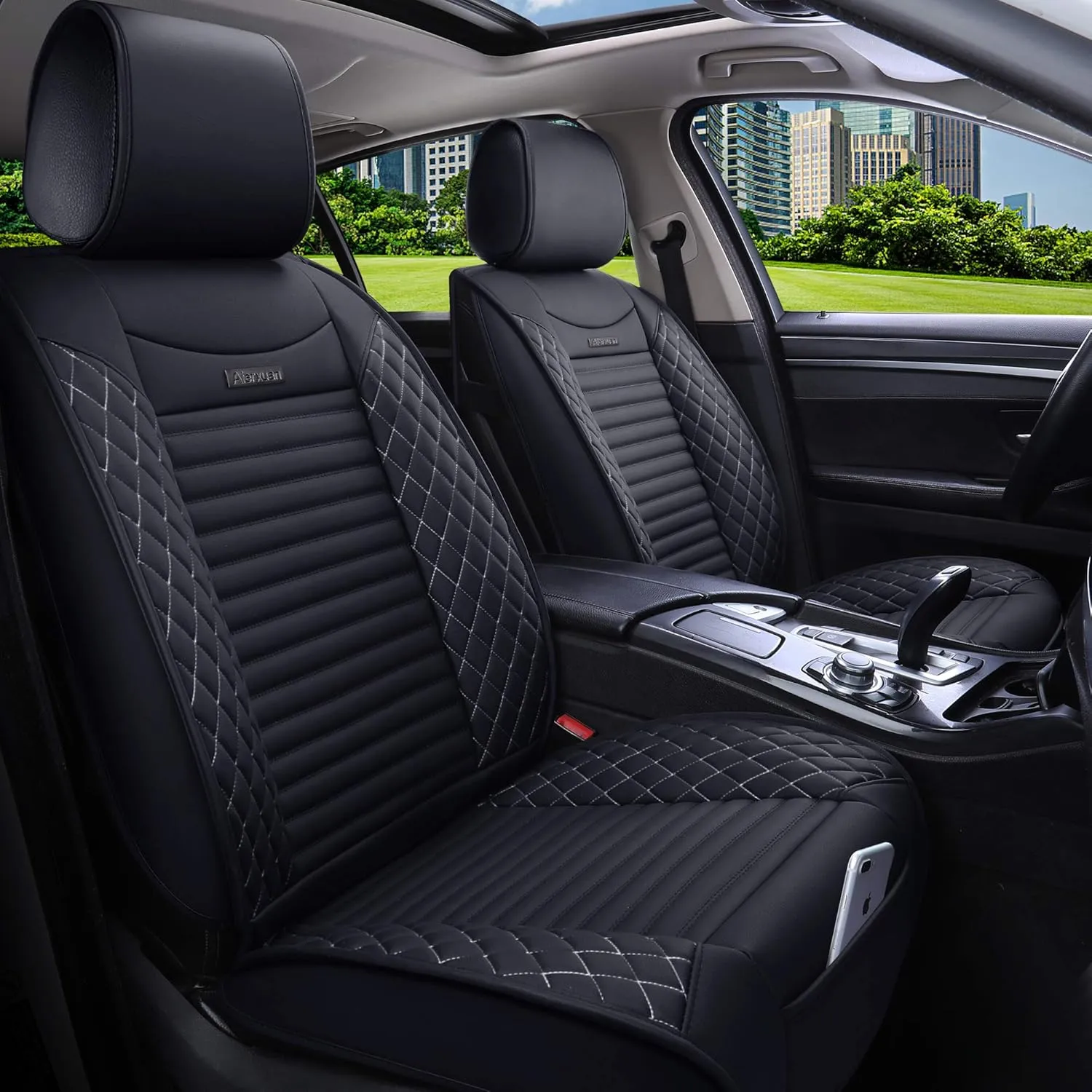 Aierxuan 2 Pcs Front Captain Seat Covers for Cars Waterproof Leather Cushion Universal Fit for Cx5 Renegade Highlander Toyota Corolla 4Runner Nissan Altima Rogue (2 Pcs Front/Black-White)