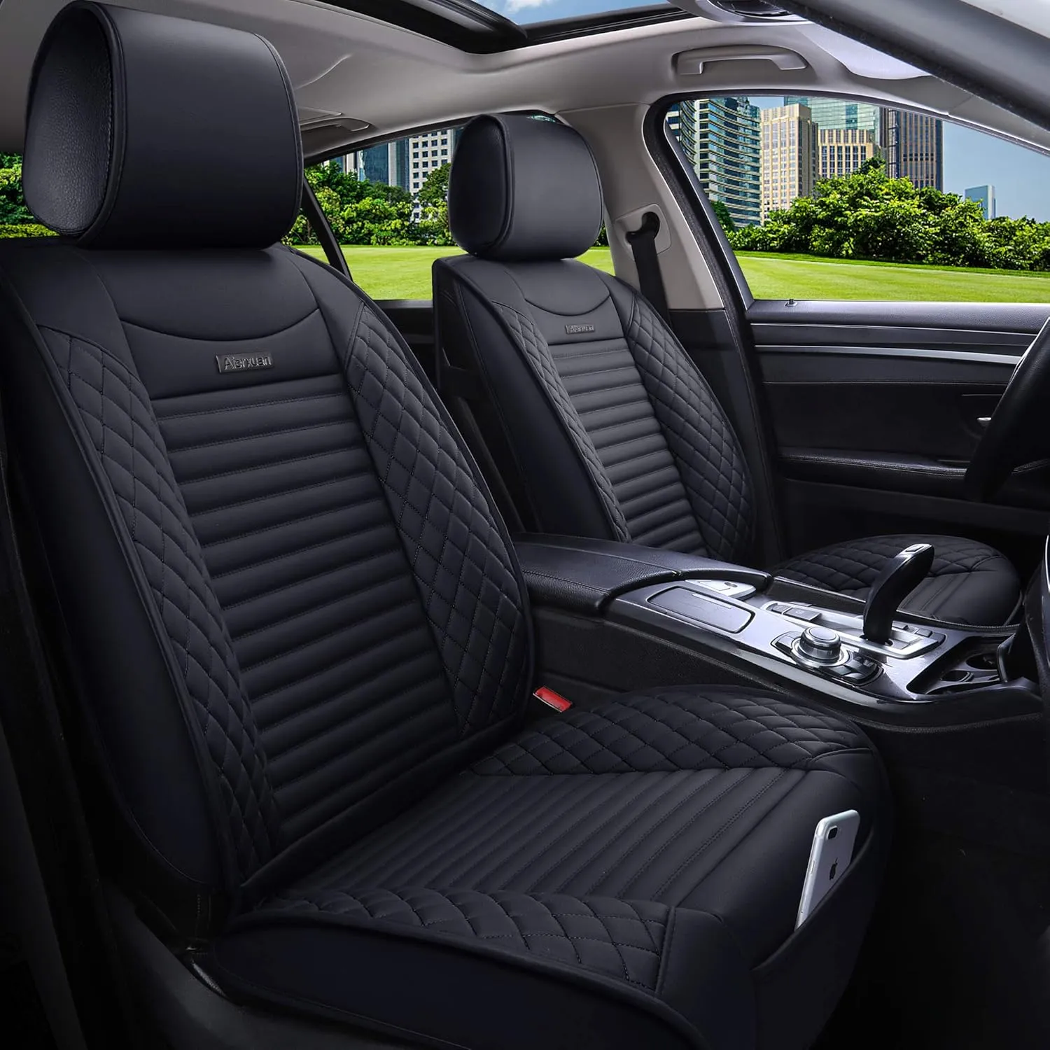 Aierxuan Front Car Seat Covers Waterproof Leather Universal for Chevy Acura Lexus Jetta Tiguan Jeep Wrangler Liberty Cherokee Mitsubishi Outlander Kia Hyundai Accent Audi (2 Pcs Front/Black)