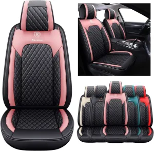 Aierxuan Girly Car Seat Covers for Women Gilrs Front Seat Leather Waterproof Cushions Universal Fit for Ford Edge Hyundai Azera Kona Rav4 Corolla Camry Prius Acura (2 PCS Front, Black-Pink)