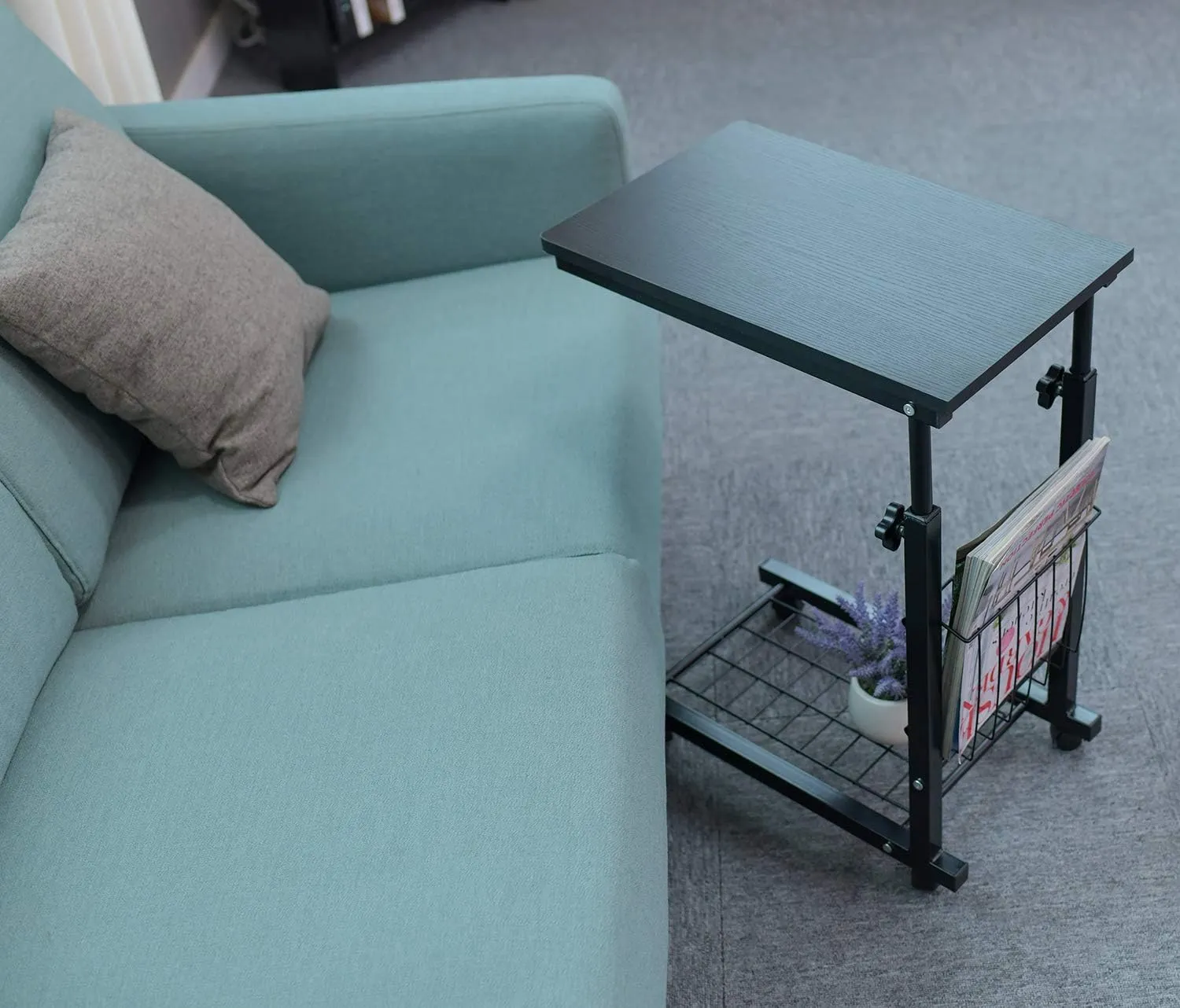 AIZ Overbed Table, Height Adjustable Sofa Side Slide Under Table, Laptop End Rolling Bedside Desk Cart, Black Willow