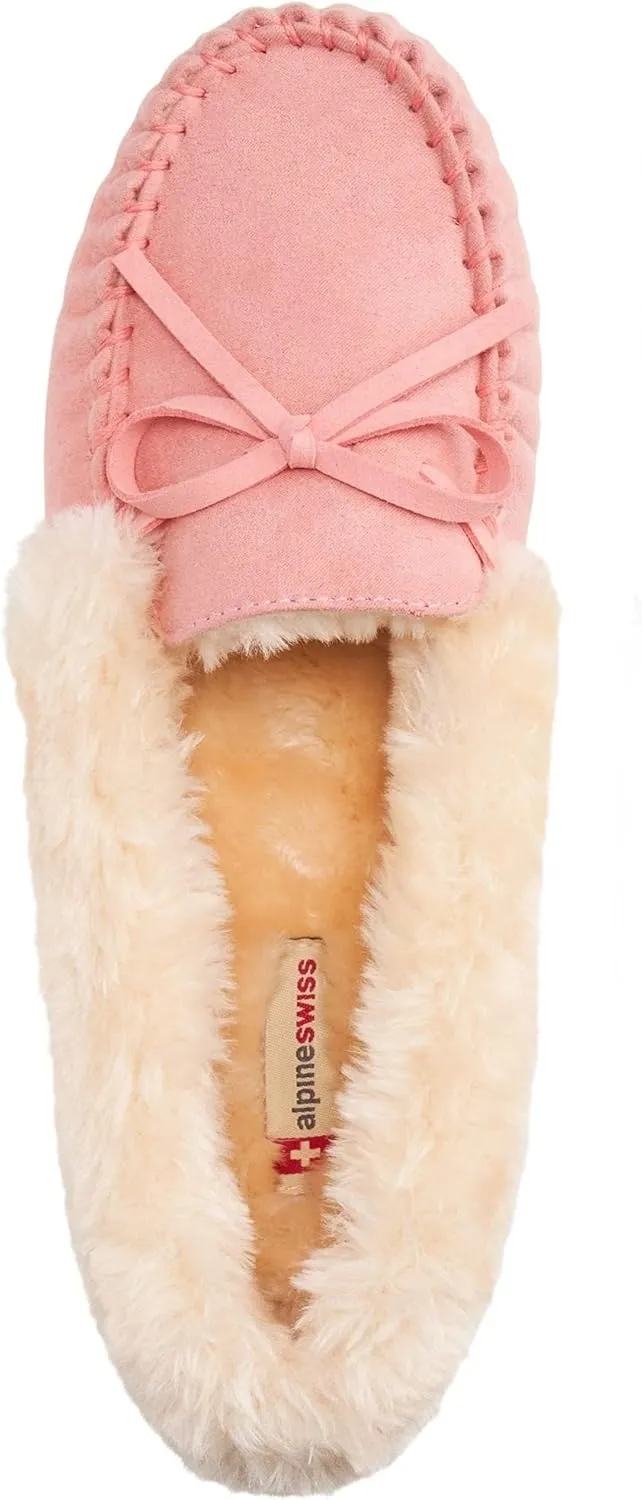 Alpine Swiss Leah Womens Shearling Moccasin Slippers Faux Fur Slip On House Shoes