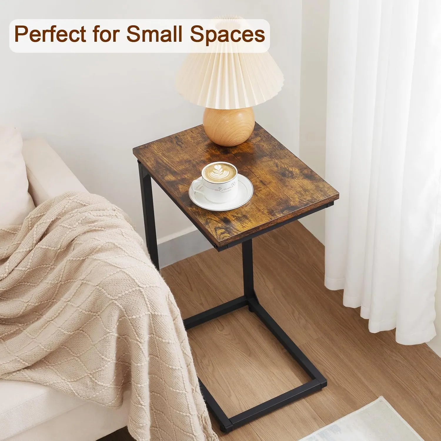 AMHANCIBLE C Shaped End Tables, TV Trays Set of 2 for Living Room, Slide Under Couch Table for Sofa, Bedroom, Small Space, Rustic Brown HET02CBR