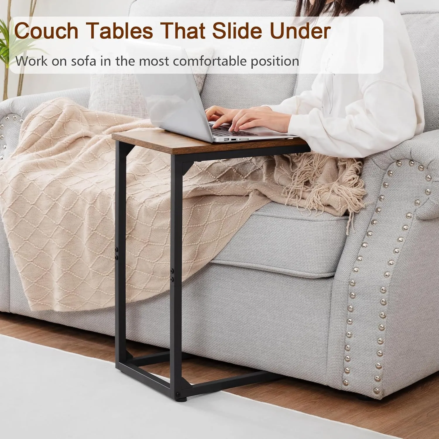 AMHANCIBLE C Shaped End Tables, TV Trays Set of 2 for Living Room, Slide Under Couch Table for Sofa, Bedroom, Small Space, Rustic Brown HET02CBR