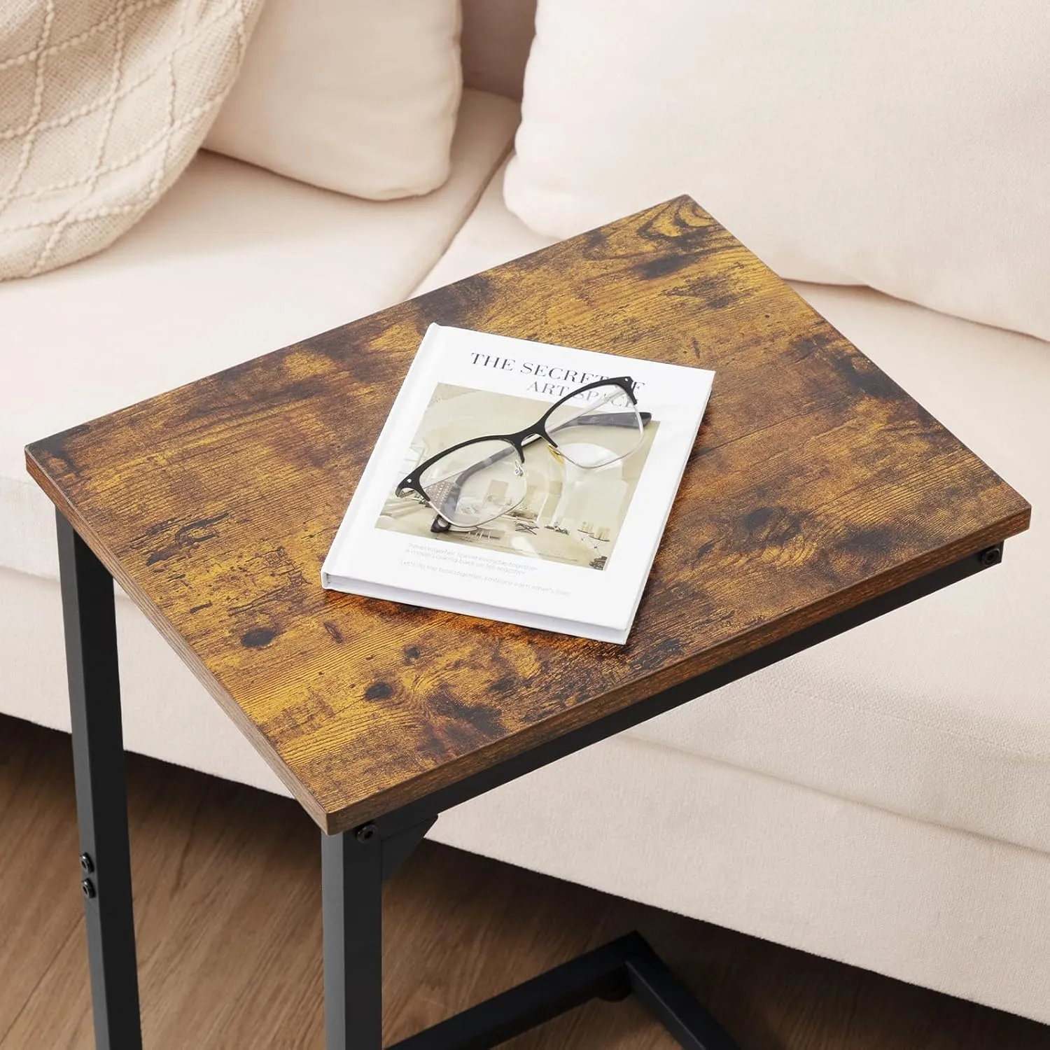 AMHANCIBLE C Shaped End Tables, TV Trays Set of 2 for Living Room, Slide Under Couch Table for Sofa, Bedroom, Small Space, Rustic Brown HET02CBR