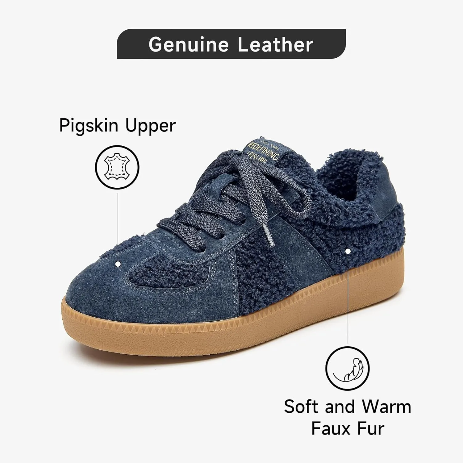 BEAU TODAY Sneaker Boots for Women,Fur Lined Winter Shoes for Women,Comfortable Platform Leather Retro OG Sneakers,Slip-on Tennis Runnig Trainer Shoes