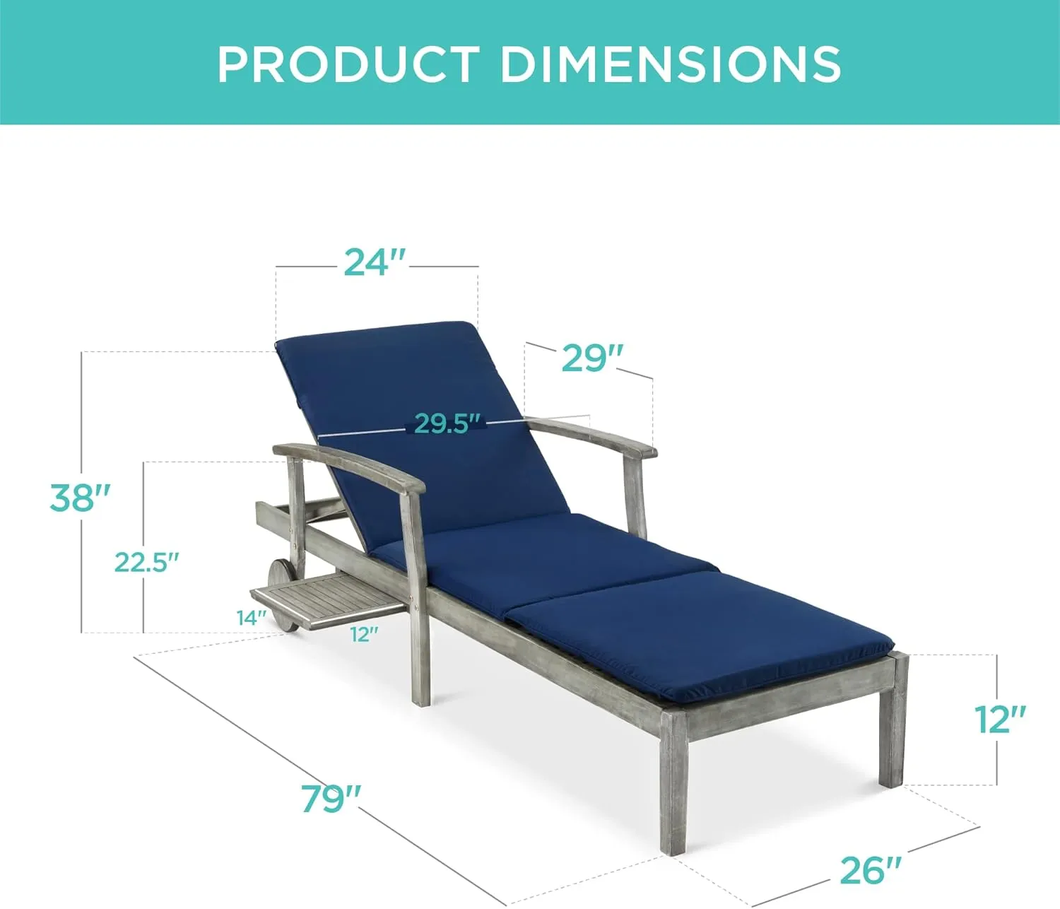 Best Choice Products 79x26in Acacia Wood Chaise Lounge Chair Recliner, Outdoor Furniture for Patio, Poolside w/Slide-Out Side Table, Foam-Padded Cushion, Adjustable Backrest, Wheels - Gray/Navy
