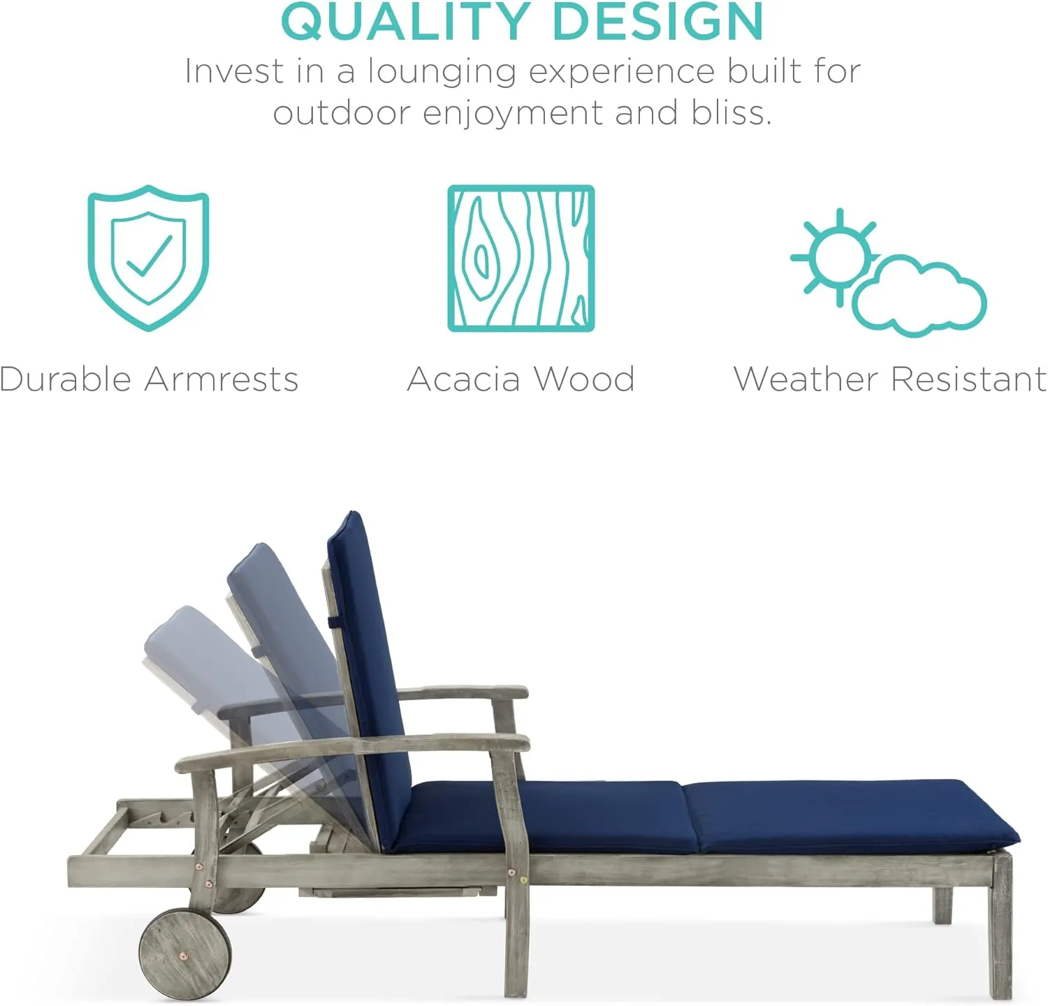 Best Choice Products 79x26in Acacia Wood Chaise Lounge Chair Recliner, Outdoor Furniture for Patio, Poolside w/Slide-Out Side Table, Foam-Padded Cushion, Adjustable Backrest, Wheels - Gray/Navy