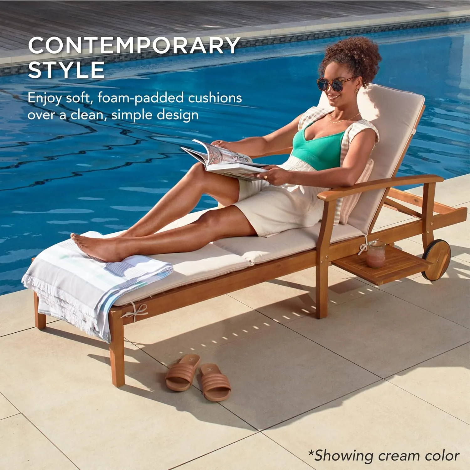 Best Choice Products 79x26in Acacia Wood Chaise Lounge Chair Recliner, Outdoor Furniture for Patio, Poolside w/Slide-Out Side Table, Foam-Padded Cushion, Adjustable Backrest, Wheels - Gray/Navy