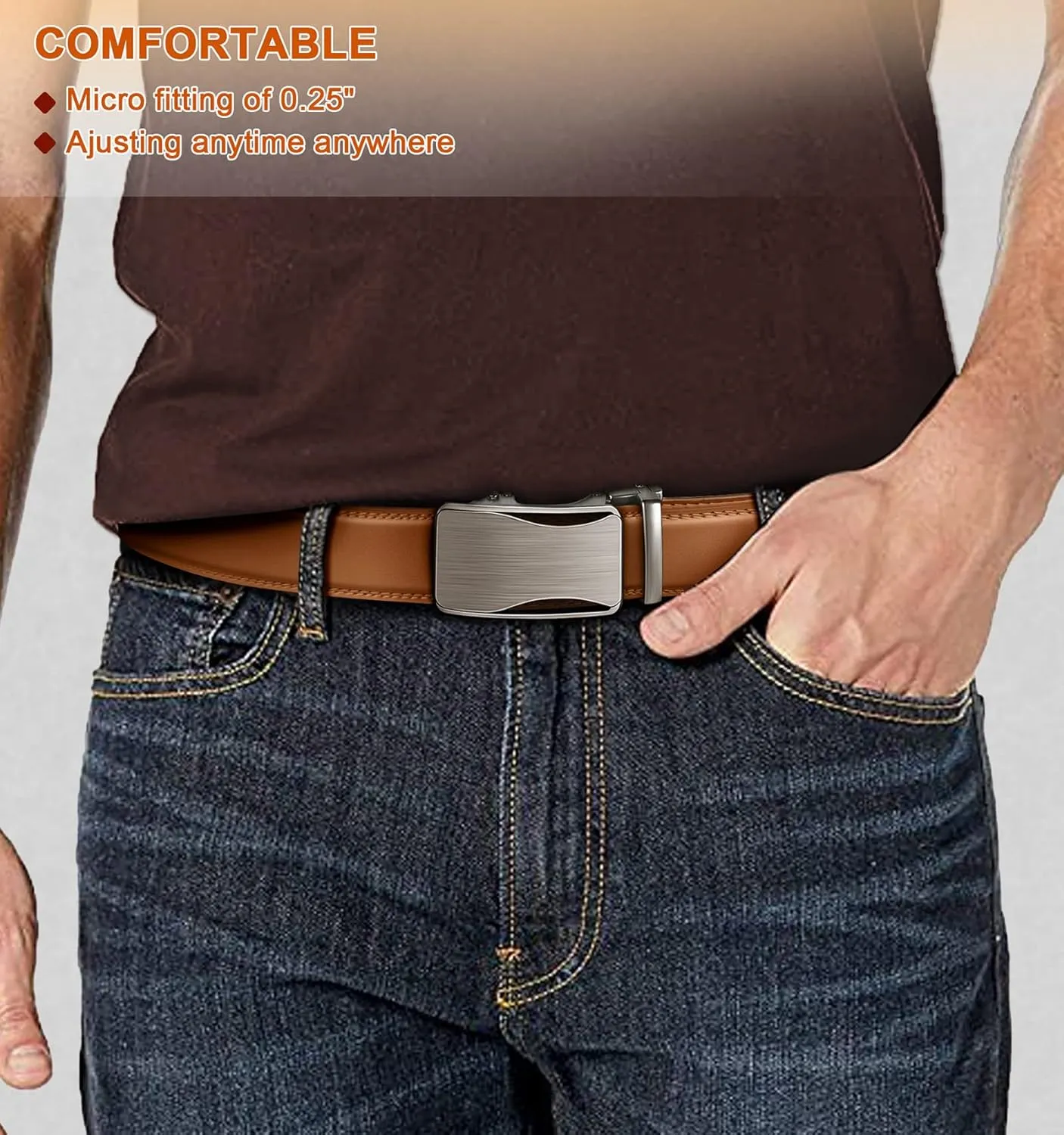 BULLIANT Mens Ratchet Belt,Leather Adjustable Slide Belt For Gift Mens Dress Casual 1 3/8",Size Adjustable
