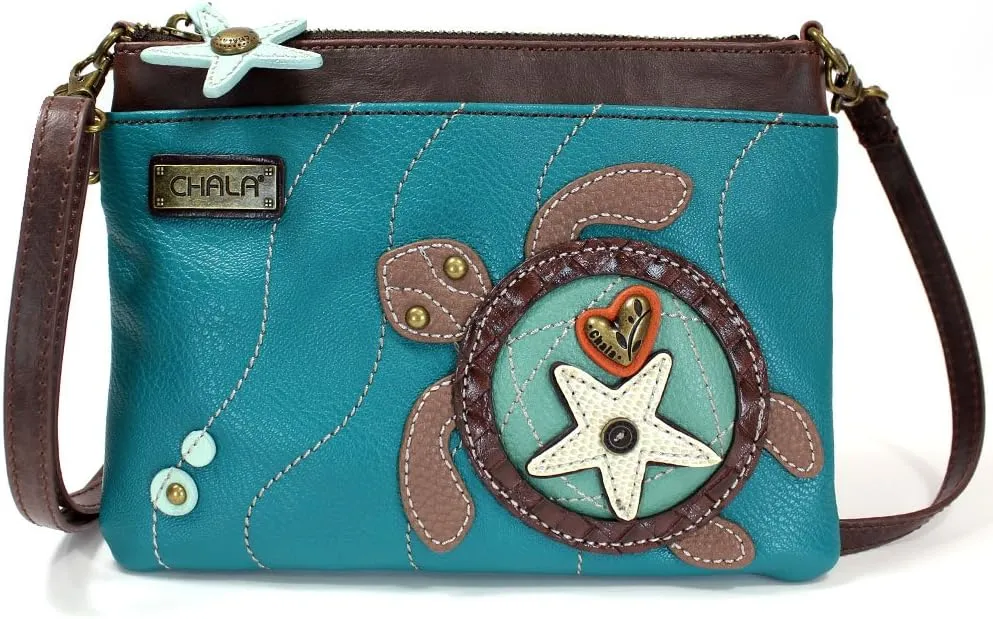 Chala Sea Turtle Mini Crossbody Handbag, Faux Leather, Adjustable Strap 8.5 x 6 - Turquoise Turtle
