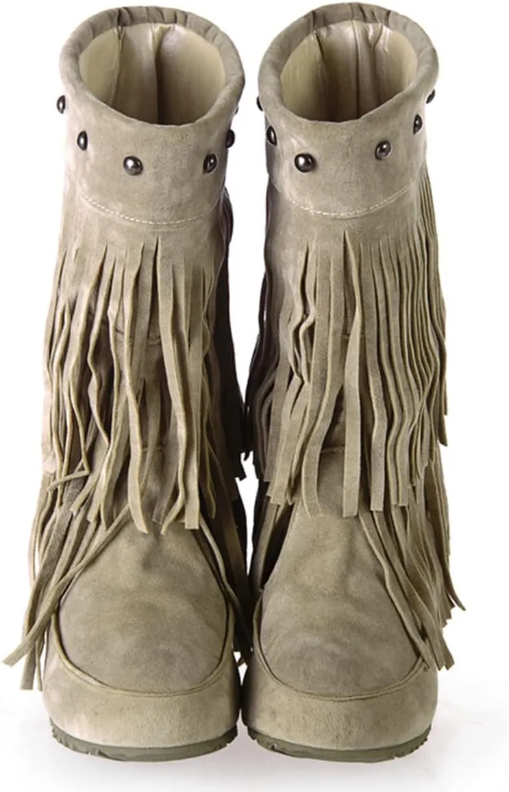 Ciuyurra Classic Double Fringe Moccasin Boots Mid Calf Women Flat