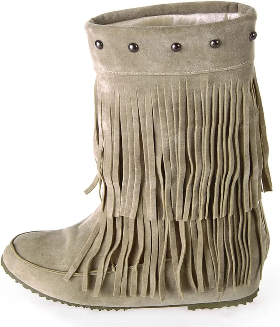 Ciuyurra Classic Double Fringe Moccasin Boots Mid Calf Women Flat