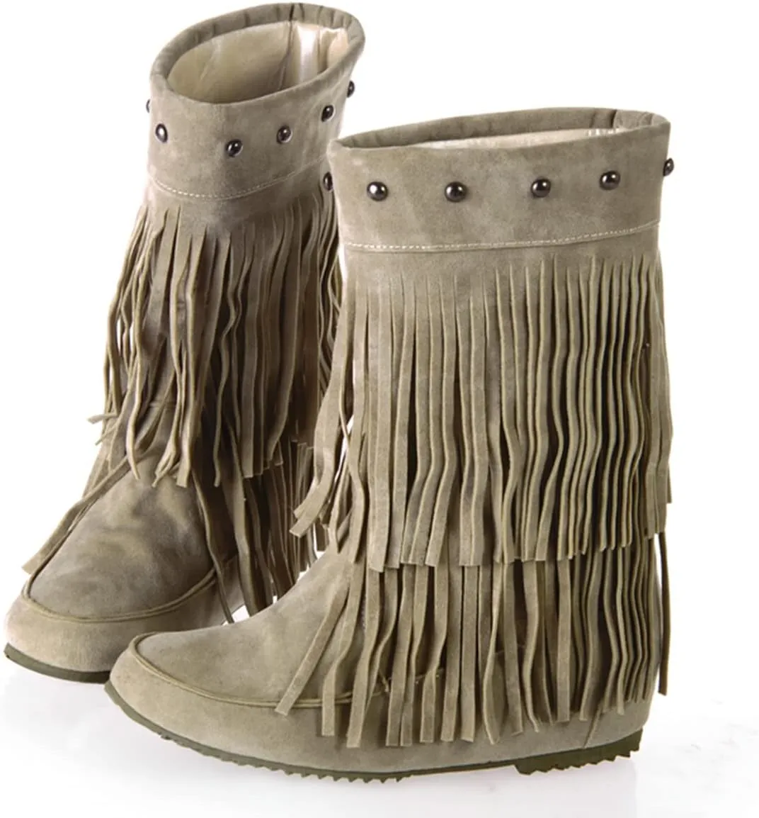 Ciuyurra Classic Double Fringe Moccasin Boots Mid Calf Women Flat