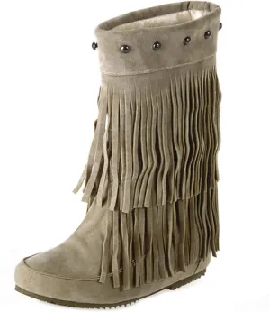 Ciuyurra Classic Double Fringe Moccasin Boots Mid Calf Women Flat