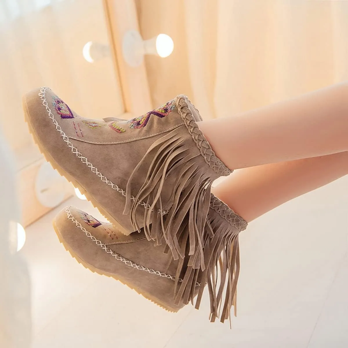 Ciuyurra Classic Fringe Moccasin Boots Ankle High Women Low Heel Booties