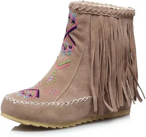 Ciuyurra Classic Fringe Moccasin Boots Ankle High Women Low Heel Booties