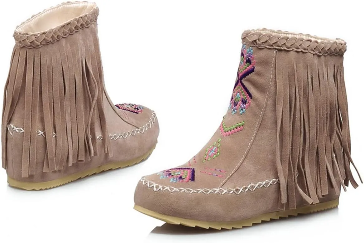 Ciuyurra Classic Fringe Moccasin Boots Ankle High Women Low Heel Booties