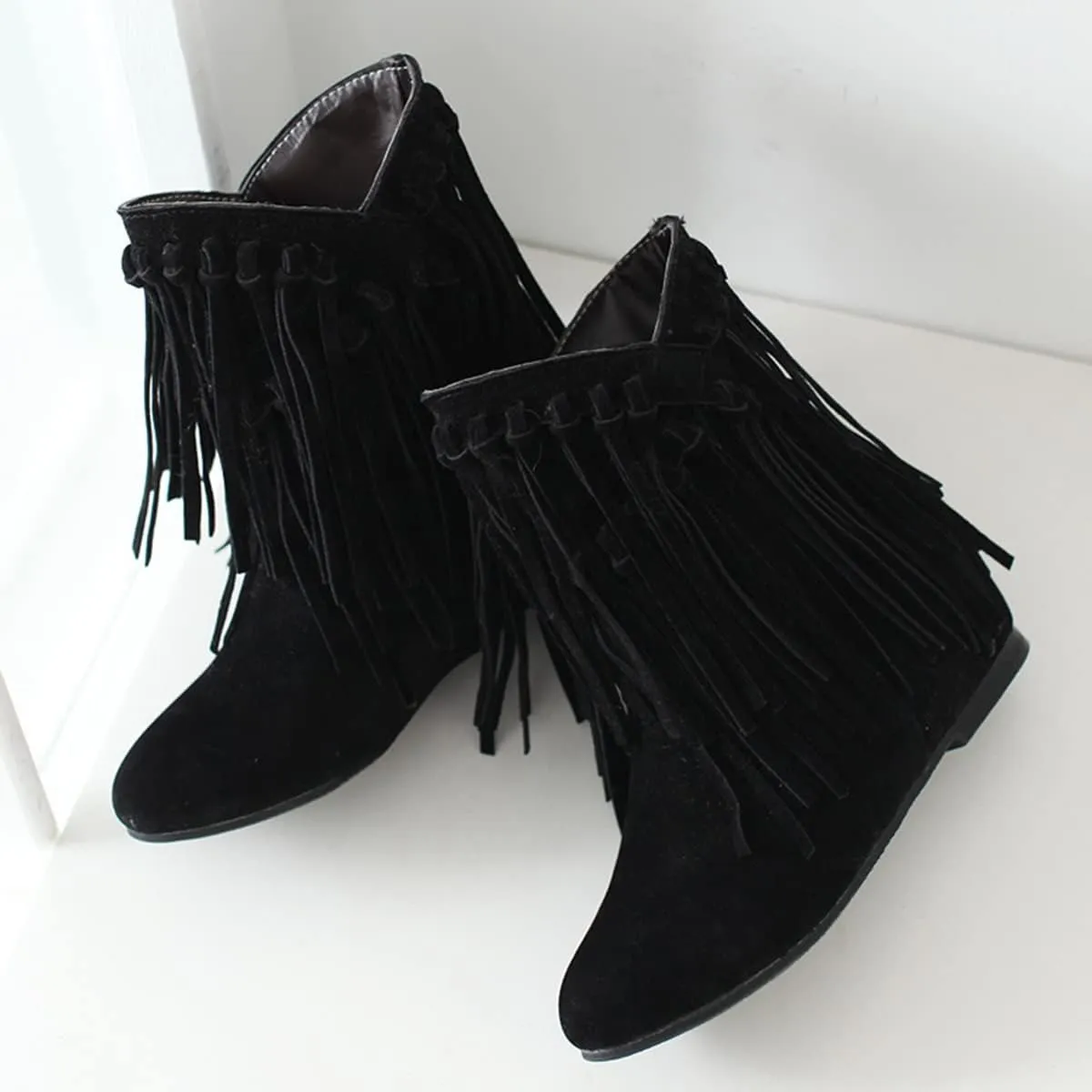 Ciuyurra Classic Fringe Moccasin Boots Ankle High Women Low Heel