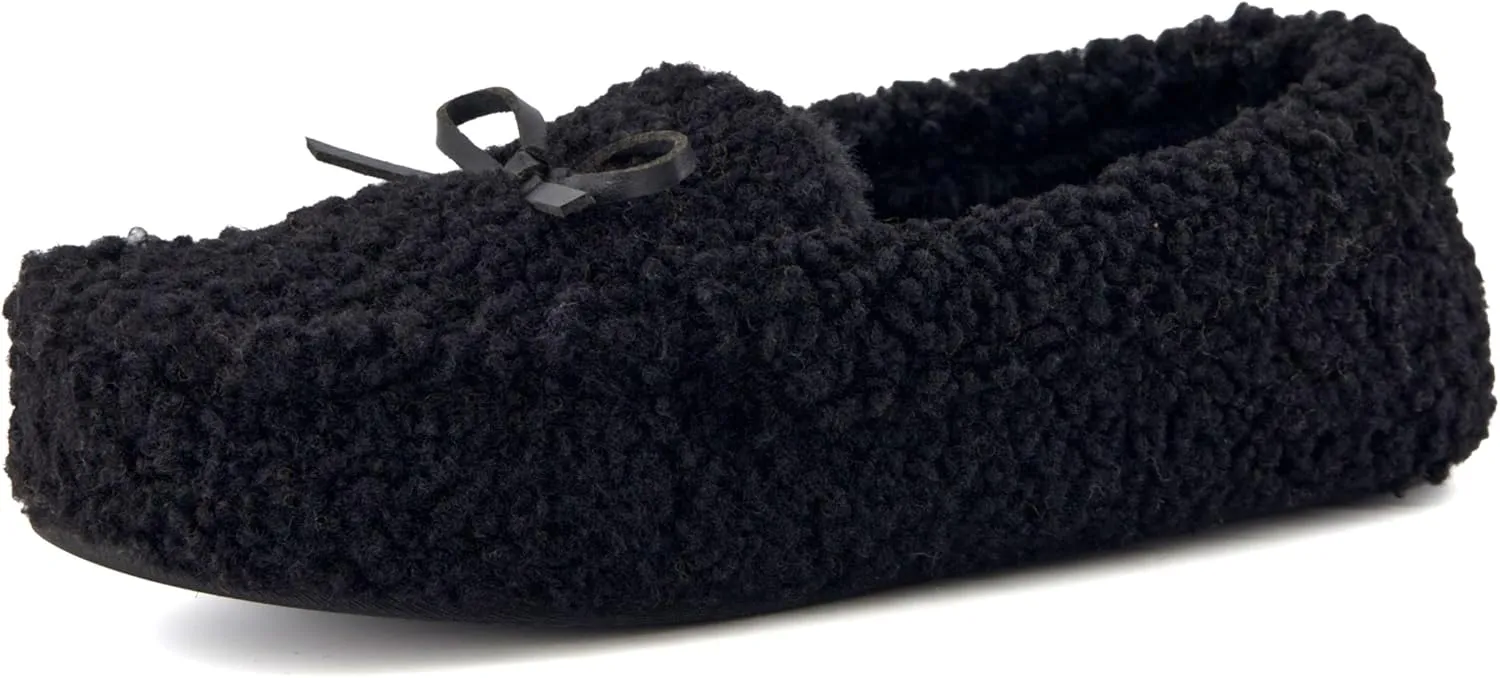 CUSHIONAIRE Star Women’s Faux Sherpa Moccasin Slippers – Cozy Indoor/Outdoor Slip-On with Memory Foam & Durable Rubber Sole, Wide Widths Available