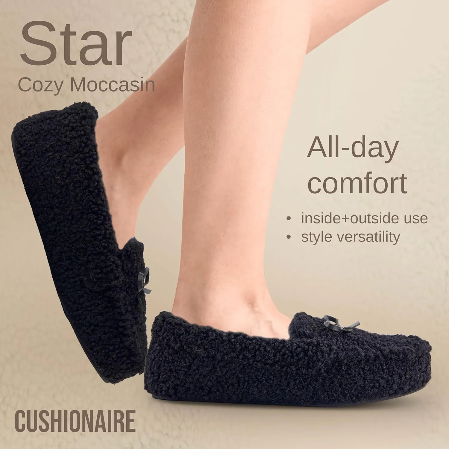 CUSHIONAIRE Star Women’s Faux Sherpa Moccasin Slippers – Cozy Indoor/Outdoor Slip-On with Memory Foam & Durable Rubber Sole, Wide Widths Available