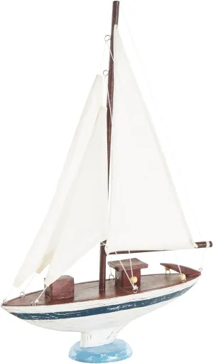 Deco 79 Wood Sail Boat Decorative Sculpture Distressed Home Decor Statue with Brown Wood and Beaded Accents, Accent Figurine 14" x 4" x 21", White