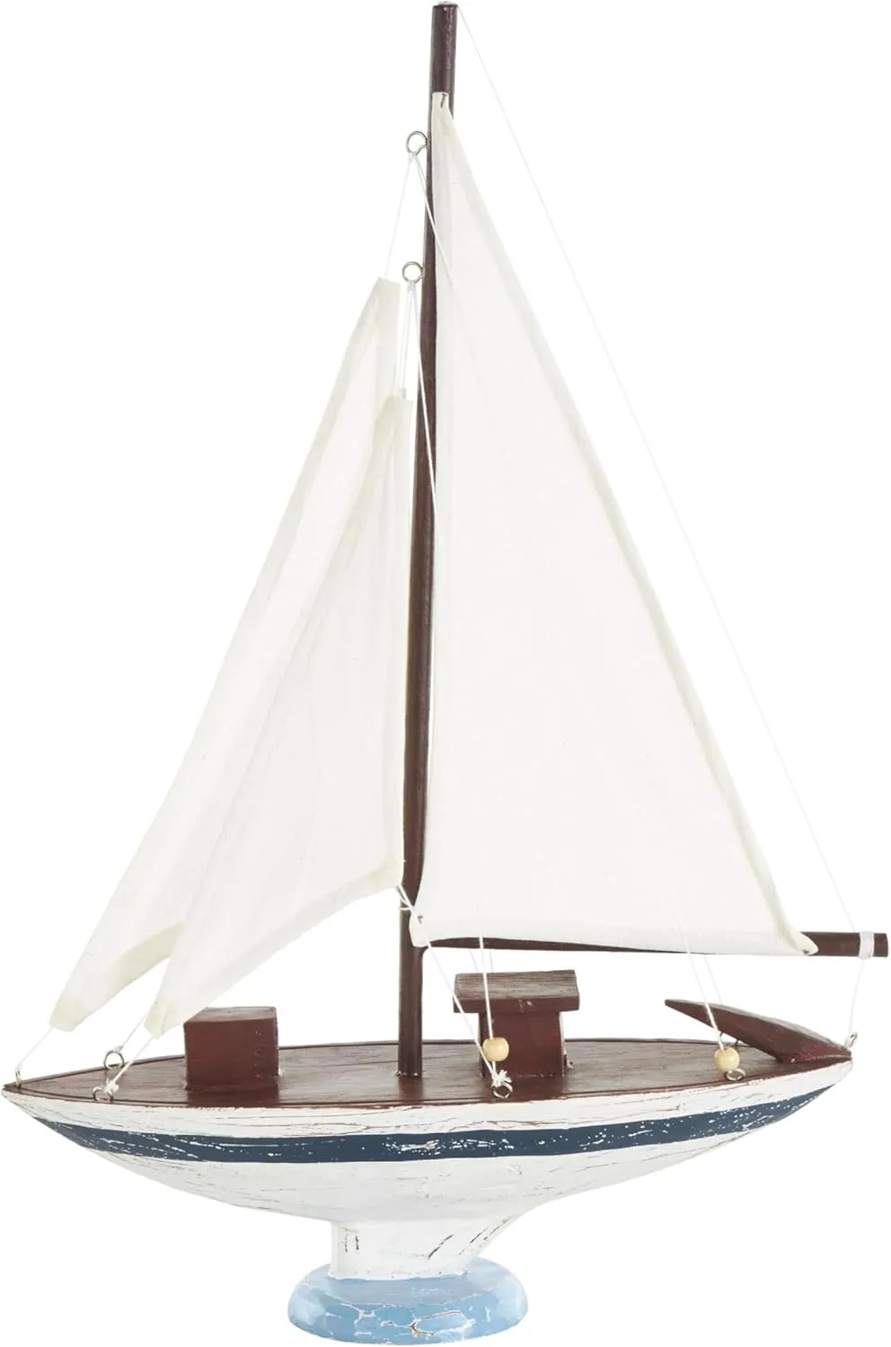 Deco 79 Wood Sail Boat Decorative Sculpture Distressed Home Decor Statue with Brown Wood and Beaded Accents, Accent Figurine 14" x 4" x 21", White