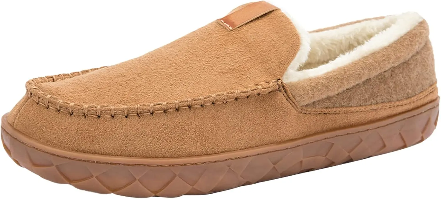 deenor Men's Moccasin House Slippers Cozy Memory Foam Bedroom Slippers Indoor Outdoor Non-slip Suede Slippers with Plush Lining Size 8, Brown