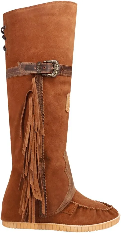 Dingo Womens Lakota Fringe Round Toe Moccasin Casual Boots Over the Knee Mid Heel 2-3" - Black