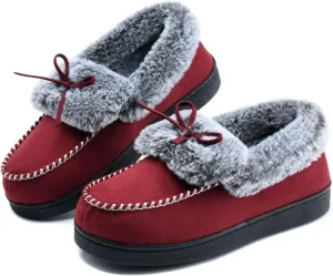 DL Women's Fuzzy Warm Moccasin Slippers Memory Foam, Soft Fluffy Winter House Closed Back Fur Lined, Cozy Ladies Suede Indoor Bedroom Houseshoes Non-Slip