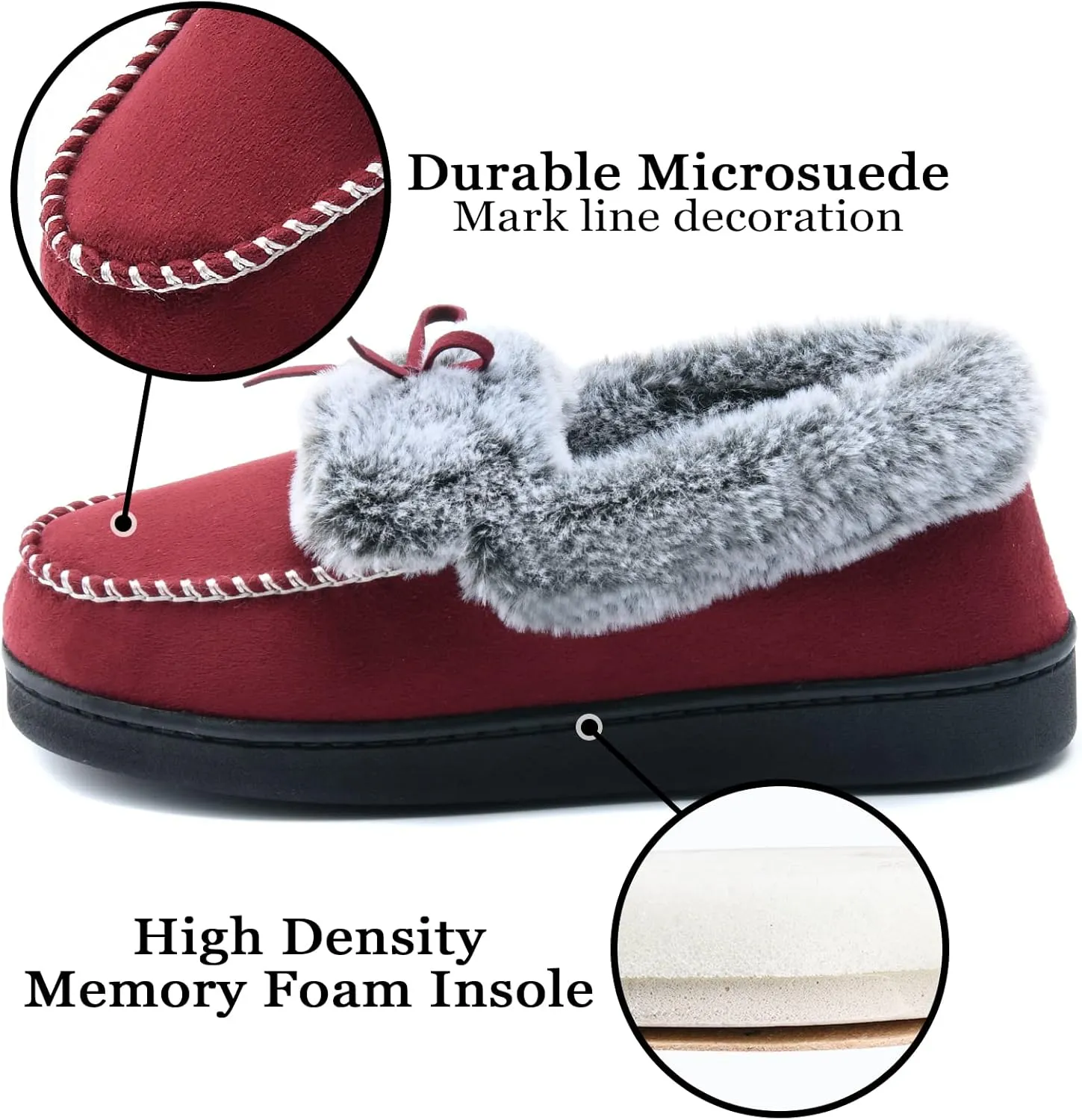 DL Women's Fuzzy Warm Moccasin Slippers Memory Foam, Soft Fluffy Winter House Closed Back Fur Lined, Cozy Ladies Suede Indoor Bedroom Houseshoes Non-Slip