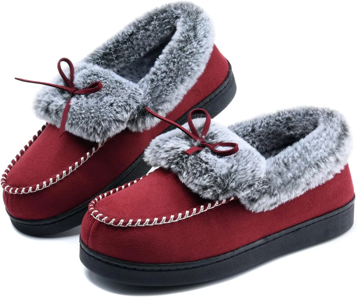 DL Women's Fuzzy Warm Moccasin Slippers Memory Foam, Soft Fluffy Winter House Closed Back Fur Lined, Cozy Ladies Suede Indoor Bedroom Houseshoes Non-Slip