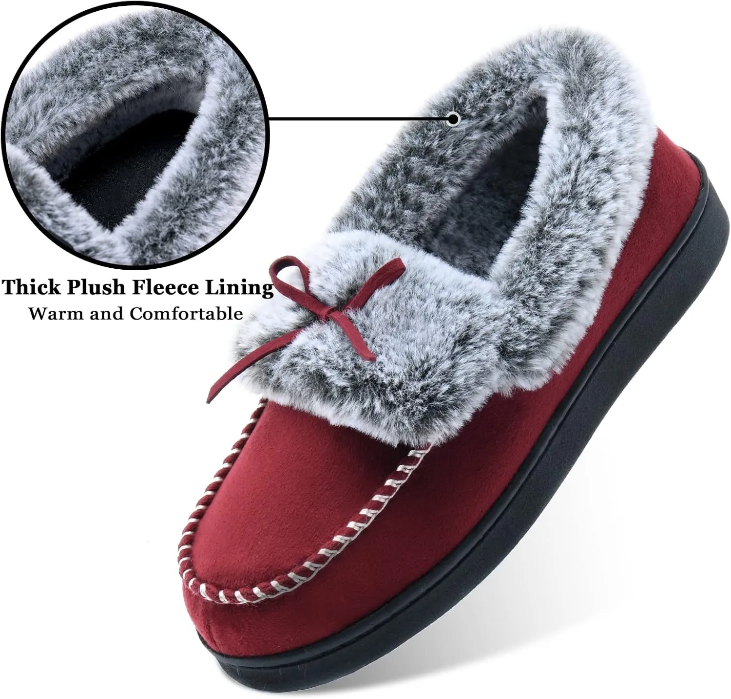 DL Women's Fuzzy Warm Moccasin Slippers Memory Foam, Soft Fluffy Winter House Closed Back Fur Lined, Cozy Ladies Suede Indoor Bedroom Houseshoes Non-Slip