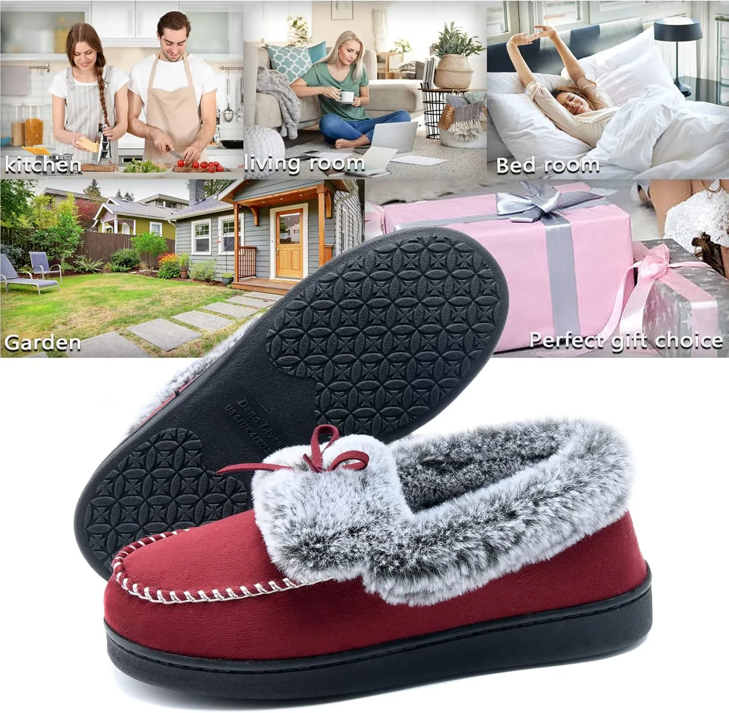 DL Women's Fuzzy Warm Moccasin Slippers Memory Foam, Soft Fluffy Winter House Closed Back Fur Lined, Cozy Ladies Suede Indoor Bedroom Houseshoes Non-Slip