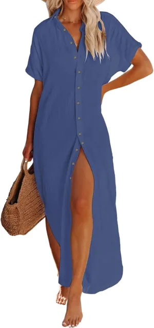 Eddoyee Swimsuit Cover Ups, Casual Button Down Long Kimonos for Women Short Sleeve Slide Split Beach Shirt Dress