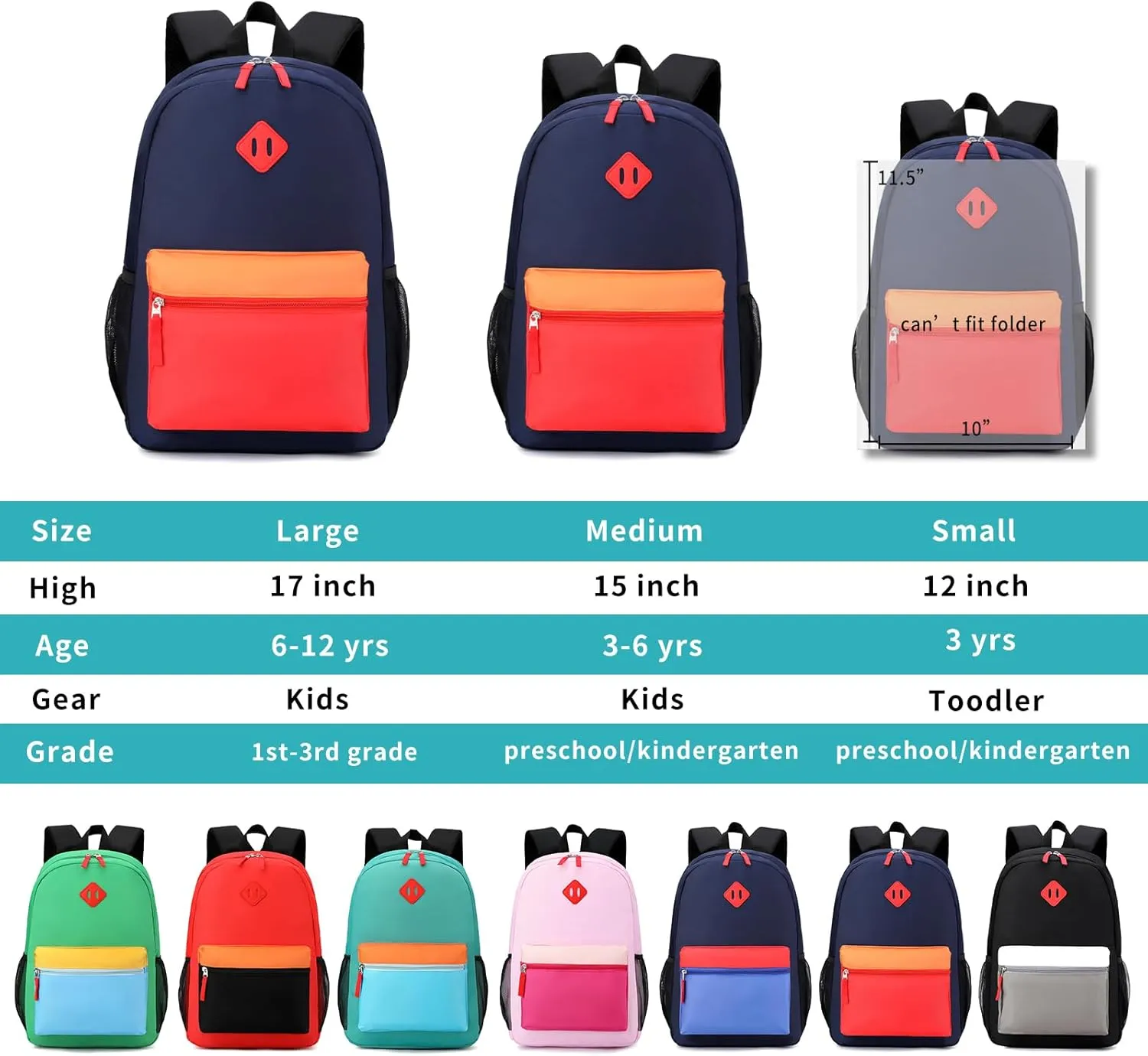 Elementary Backpack for Boys and Girls 5-9 Years Kindergarten Primary Kids Bookbag with Chest Buckle (Navy Red, Large-17inch)