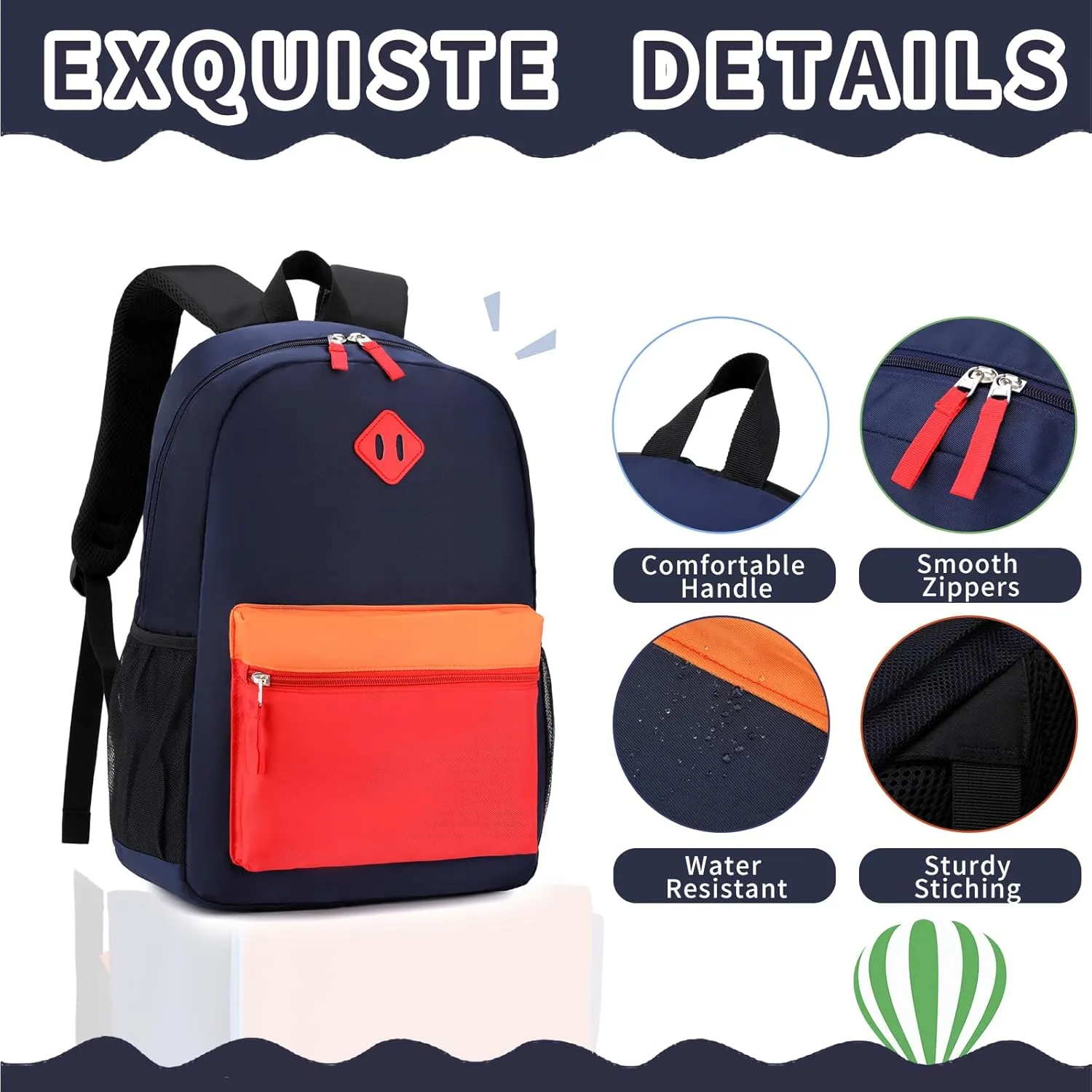 Elementary Backpack for Boys and Girls 5-9 Years Kindergarten Primary Kids Bookbag with Chest Buckle (Navy Red, Large-17inch)