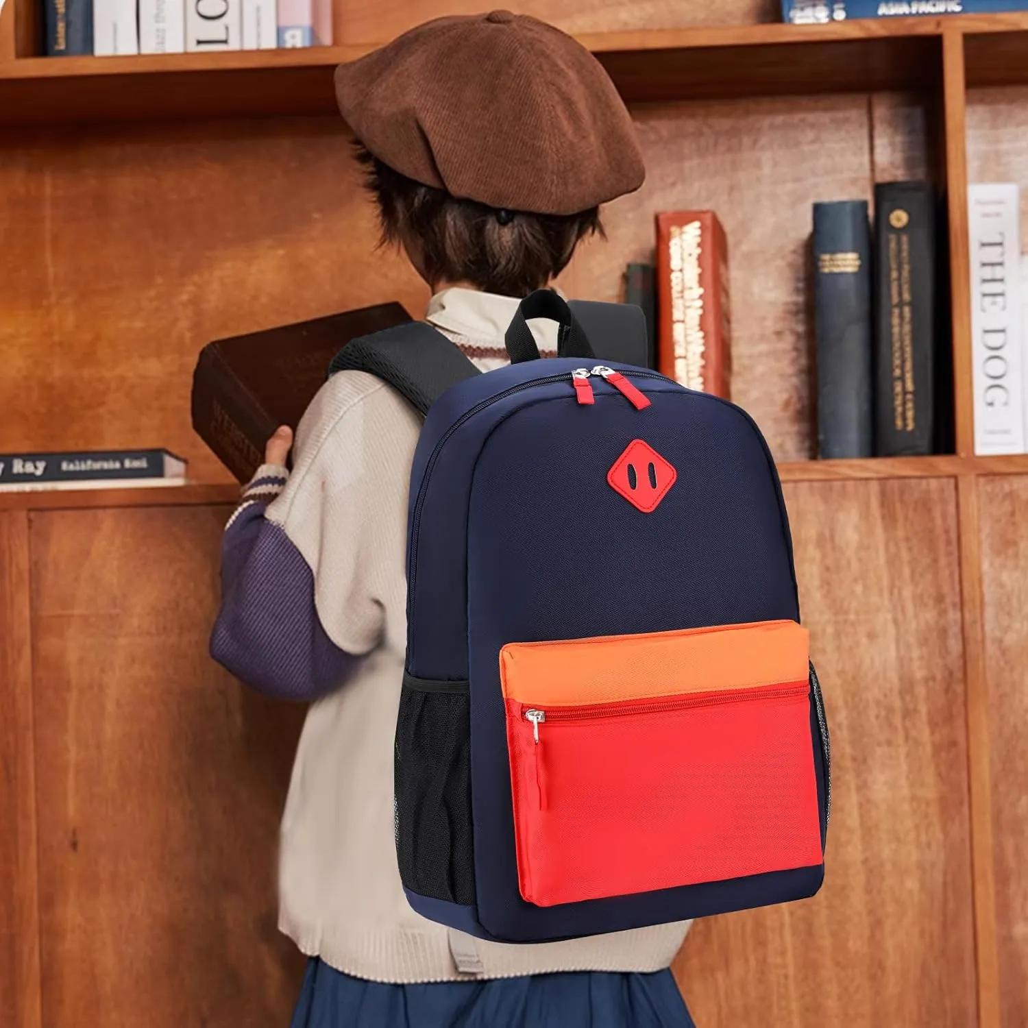 Elementary Backpack for Boys and Girls 5-9 Years Kindergarten Primary Kids Bookbag with Chest Buckle (Navy Red, Large-17inch)
