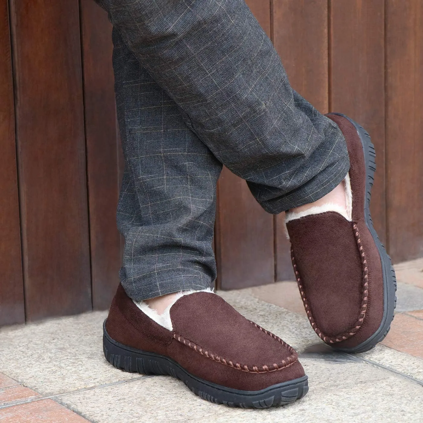 festooning Mens Slippers House Shoes with Memory Foam Moccasin Slipper for Men with Non-Slip Rubber Sole Indoor Outdoor