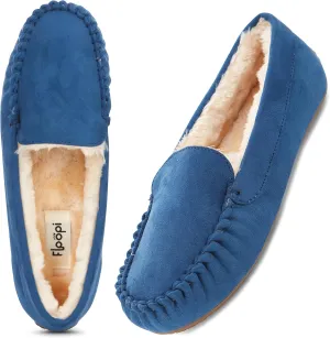 Floopi Women Slippers Moccasins, Soft Faux Fur Lining with Cozy Memory Foam, Ladies House Slippers for Women with Indoor & Outdoor Anti-Skid Sole (9 - Navy)