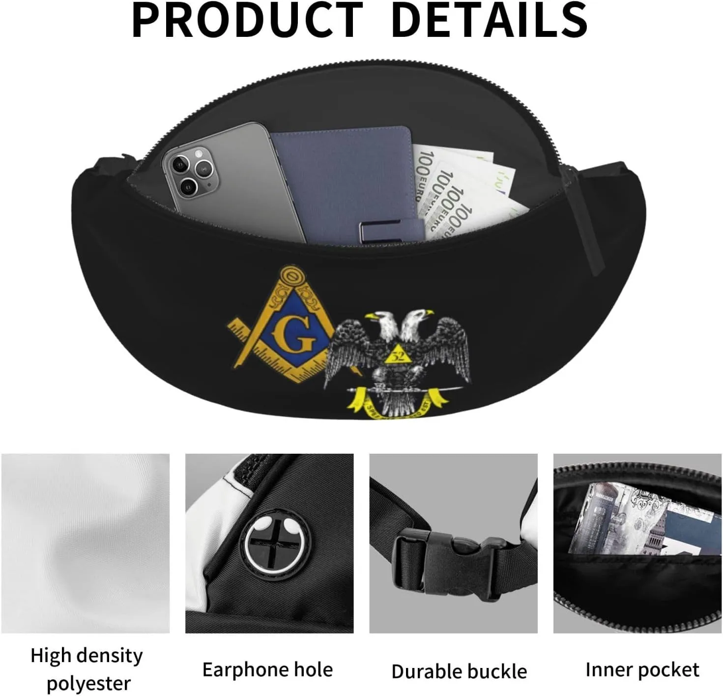 Freemasonry and Scottish Rite Waist Bag Men's and Women's Adjustable Travel Chest Pack Outdoor Running Waist Bag, Black