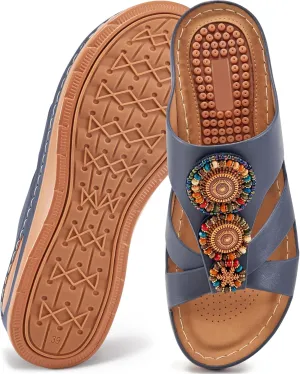 FUDYNMALC Womens Slides Orthopedic Sandals: Summer Dressy Wedge Shoes Handmade Bead Casual Walking Footwear with Comfortable Plantar Fasciitis Support