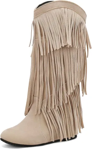 Gicoiz Women Round Toe Wedge Knee High Fringe Moccasin Boots