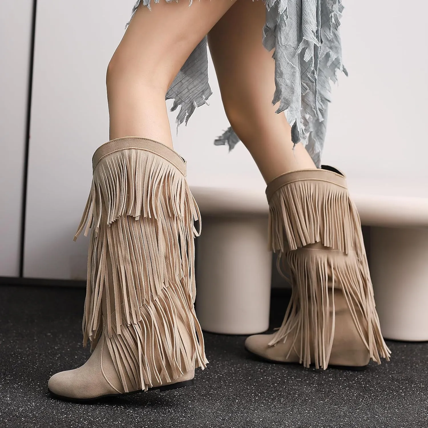 Gicoiz Women Round Toe Wedge Knee High Fringe Moccasin Boots