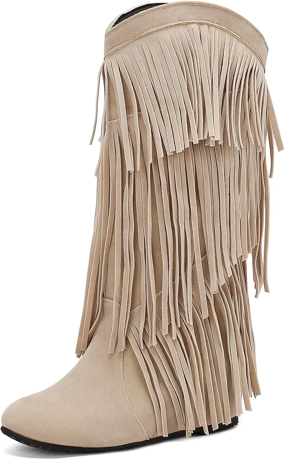 Gicoiz Women Round Toe Wedge Knee High Fringe Moccasin Boots