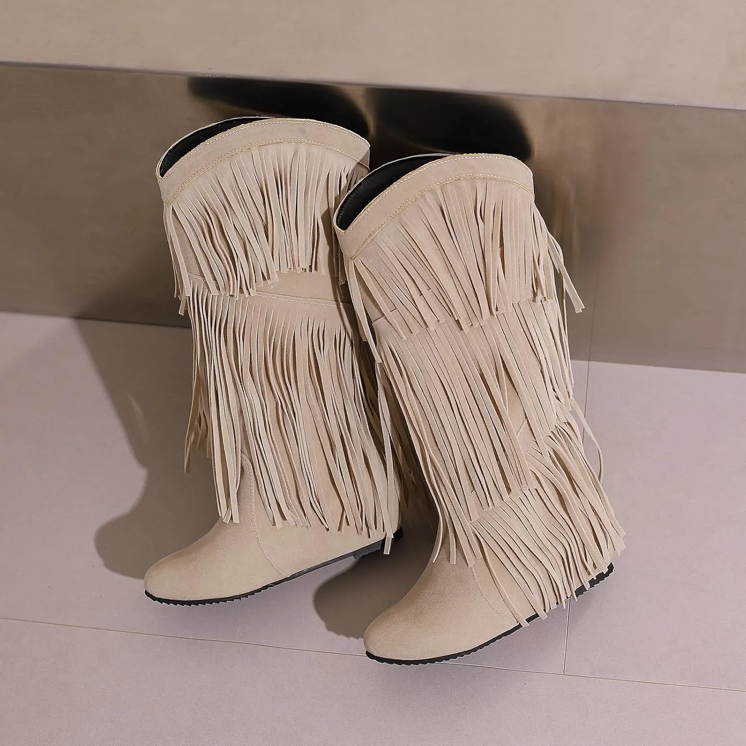 Gicoiz Women Round Toe Wedge Knee High Fringe Moccasin Boots