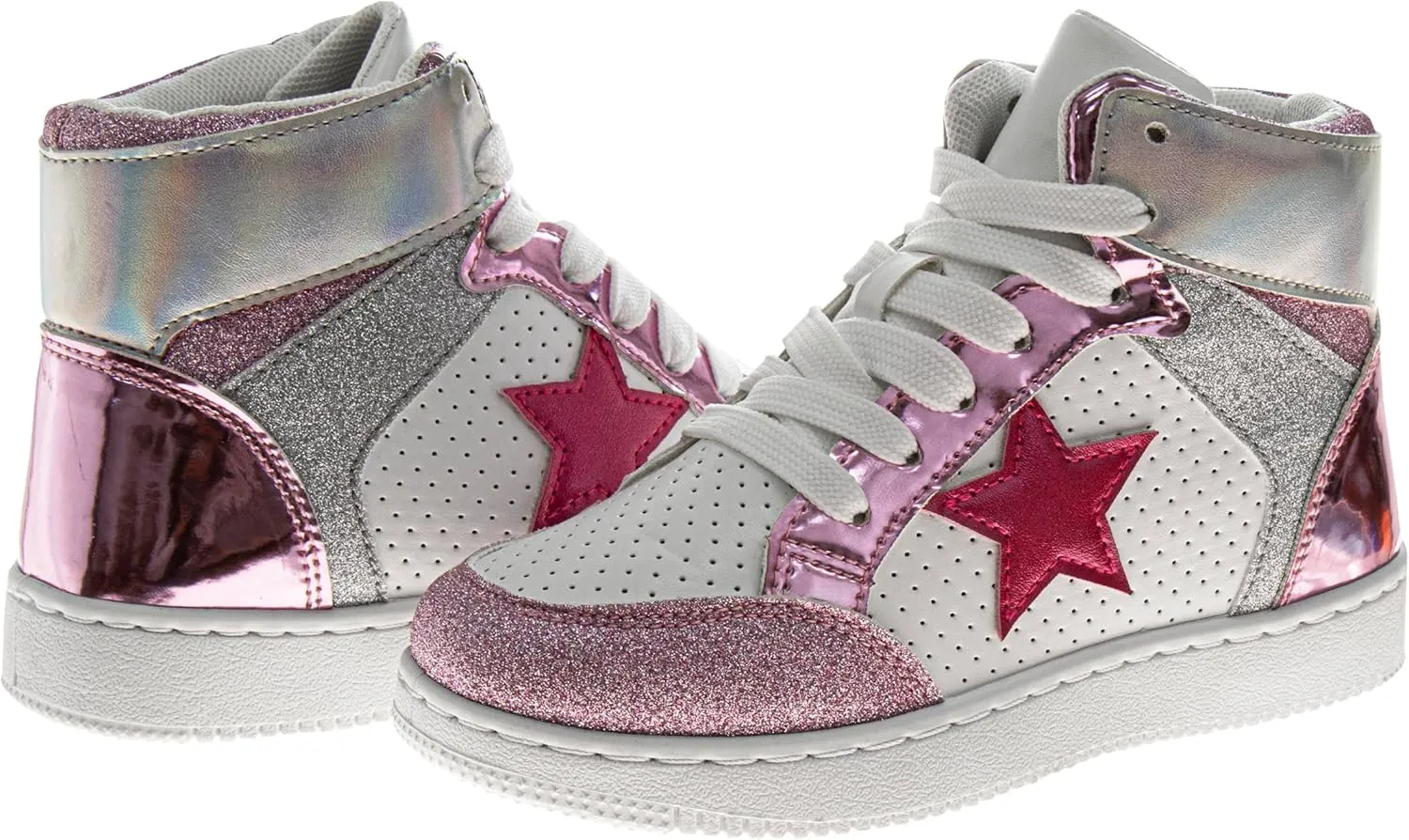 Glittery High Top Sneakers for Kids - Starry Star Sneaker Lace Up Shoes Casual Footwear - White Silver Pink (Sizes Little Kid - Big Kid)