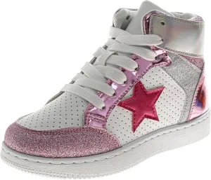 Glittery High Top Sneakers for Kids - Starry Star Sneaker Lace Up Shoes Casual Footwear - White Silver Pink (Sizes Little Kid - Big Kid)